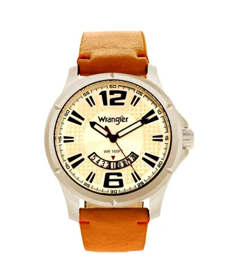 Wrangler Men's Watch, 48MM Silver Colored Dial, Brown Zoned Dial with White Markers and Crescent Cutout, Date Function, Tan Strap with Red Accent Stit