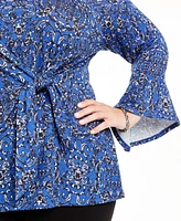 Ny Collection Plus Size Printed Tie-Waist Bell-Sleeve Top