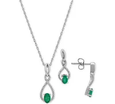 2-Pc. Set Sapphire (1-1/3 ct. t.w.) & Diamond (1/20 Pendant Necklace Matching Drop Earrings Sterling Silver (Also Emerald)