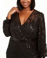 R & M Richards Plus Size Surplice Sequined Gown