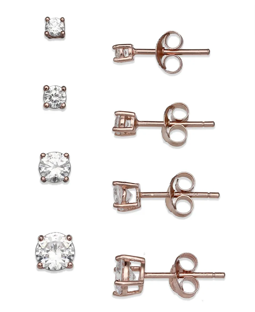 Cubic Zirconia 4-Pc. Set Graduated Stud Earrings in 18k Yellow or Rose Gold over Sterling Silver