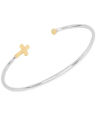 My Very Own Diamond Children's Diamond Accent Cross Open Bangle Bracelet in Sterling Silver and 14K Gold over Sterling Silver