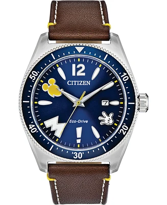 Disney by Citizen Mickey Mouse Classic Brown Leather Strap Watch 43mm