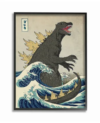 Stupell Industries Godzilla in The Waves Eastern Poster Style Illustration Framed Giclee Texturized Art