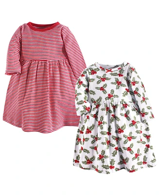 Hudson Baby Girls Long-Sleeve Cotton Dresses 2pk, Holly, 6-9 Months