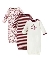 Touched by Nature Baby Girls Organic Cotton Long-Sleeve Gowns 3pk, Berry Branch, 0-6 Months