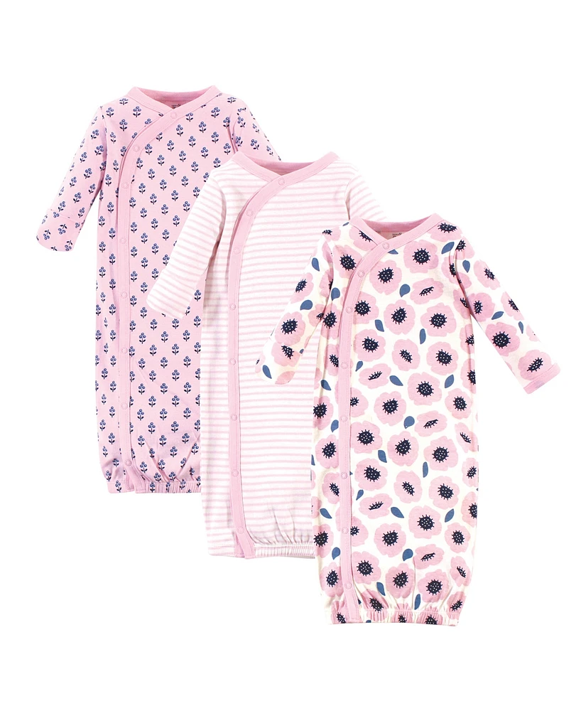 Touched by Nature Baby Girls Organic Cotton Side-Closure Snap Long-Sleeve Gowns 3pk, Blossoms, 0-6 Months