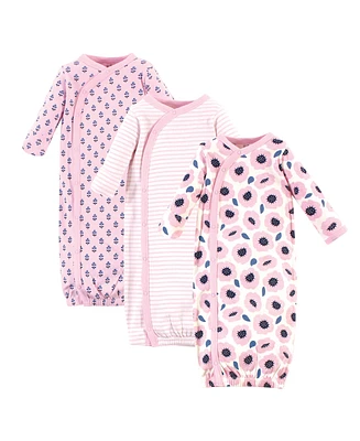 Touched by Nature Baby Girls Organic Cotton Side-Closure Snap Long-Sleeve Gowns 3pk, Blossoms, 0-6 Months
