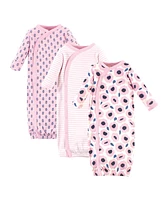 Touched by Nature Baby Girls Organic Cotton Side-Closure Snap Long-Sleeve Gowns 3pk, Blossoms, 0-6 Months