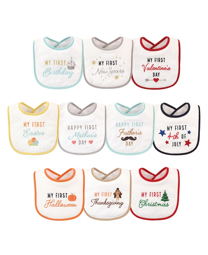 Hudson Baby Infant Unisex Cotton Terry Drooler Bibs with Fiber Filling 10pk, Holiday Birthday, One Size