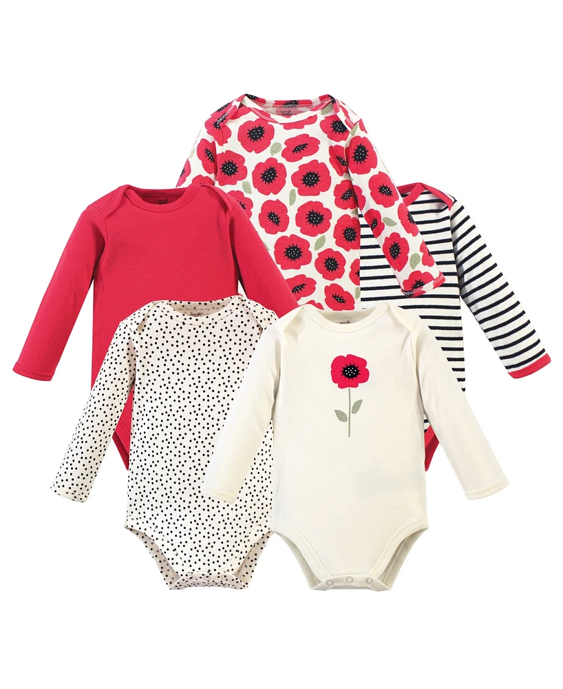 Touched by Nature Baby Girls Organic Cotton Long-Sleeve Bodysuits 5pk, Poppy, 0-3 Months