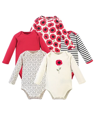 Touched by Nature Baby Girls Organic Cotton Long-Sleeve Bodysuits 5pk, Poppy, 12-18 Months