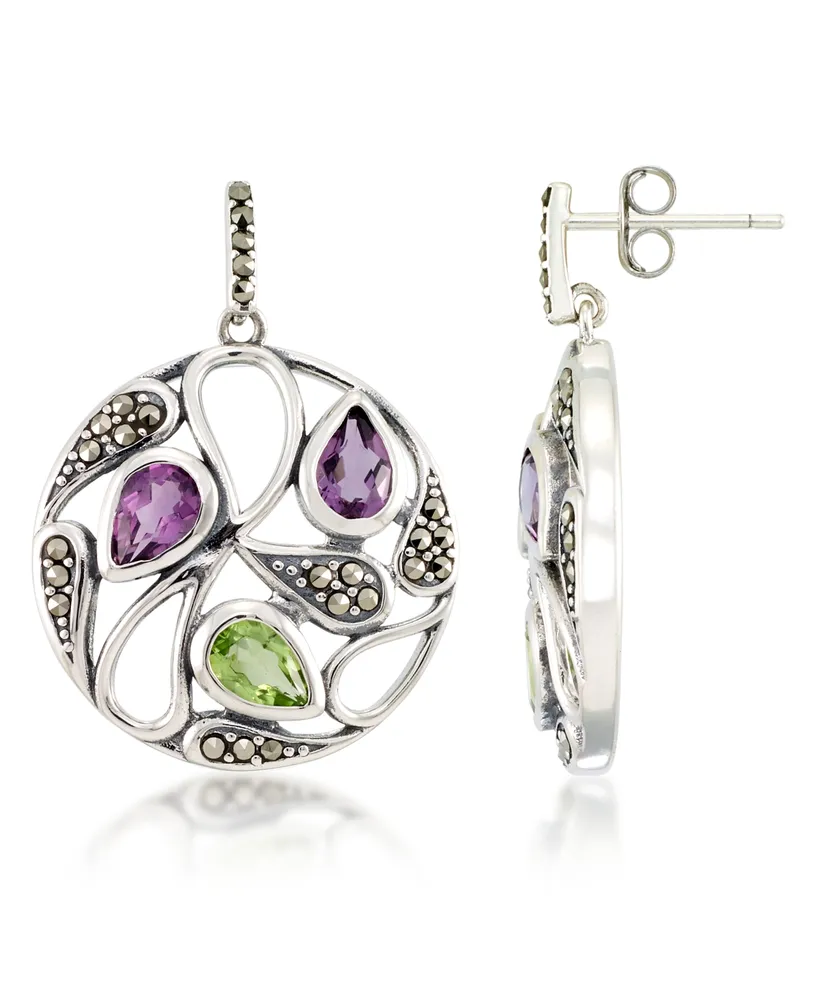 Marcasite and Amethyst(1 ct. t.w.) and Peridot ( 2 ct. t.w.) Paisley Round Post Earrings in Sterling Silver