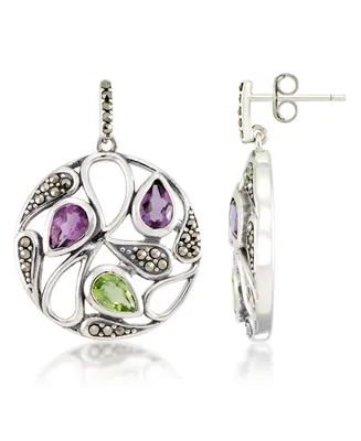 Marcasite and Amethyst(1 ct. t.w.) and Peridot ( 2 ct. t.w.) Paisley Round Post Earrings in Sterling Silver