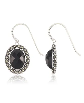 Marcasite and Faceted Onyx Oval Wire Earrings in Sterling Silver