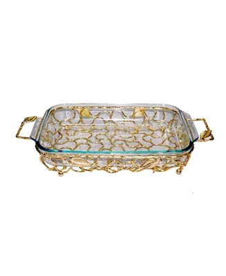 Classic Touch Rectangular Gold-Tone Handled Pyrex Holder with Leaf Design