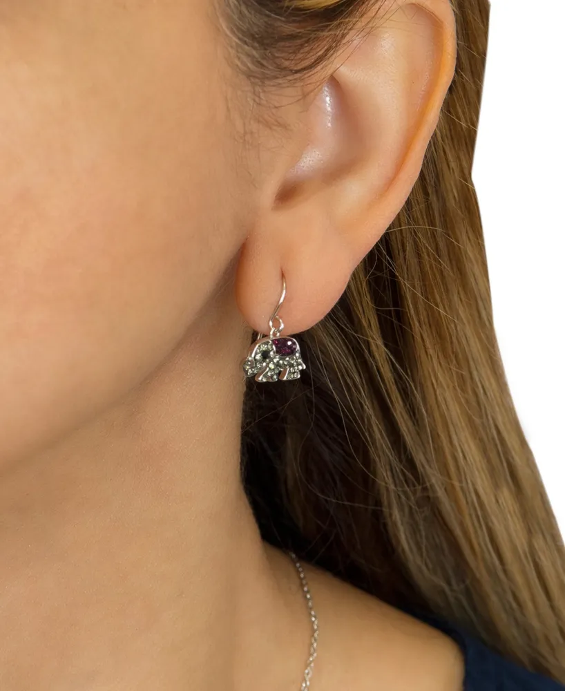 Black and Gray Pave Crystal Elephant Wire Drop Earrings set in Sterling Silver