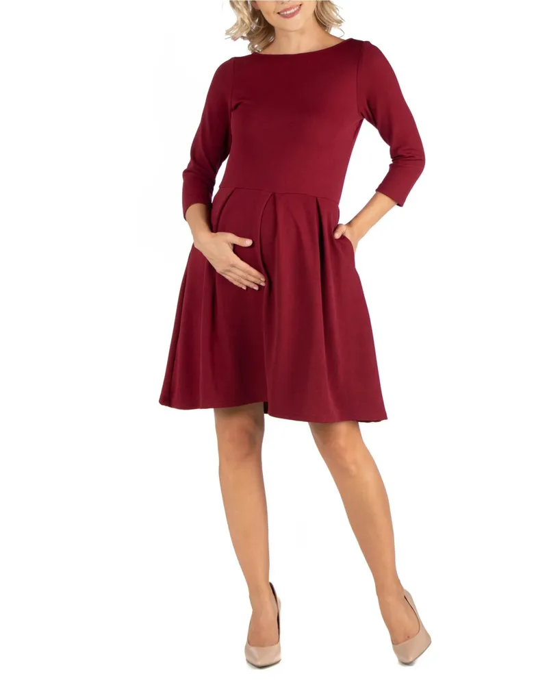 24Seven Comfort Apparel Knee Length Fit N Flare Maternity Dress with Pockets