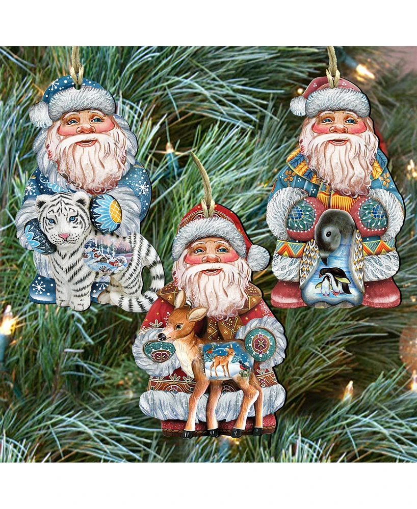 Designocracy Wild Adventure Santa Wooden Ornaments Wall Decor, Set of 3