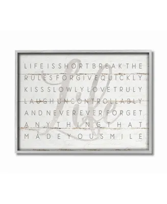 Stupell Industries Life Is Short Smile Gray on White Planked Look Gray Framed Texturized Art, 16" L x 20" H