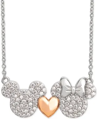 Disney Cubic Zirconia Mickey Heart Minnie 18" Pendant Necklace in Sterling Silver & 18k Rose Gold-Plate