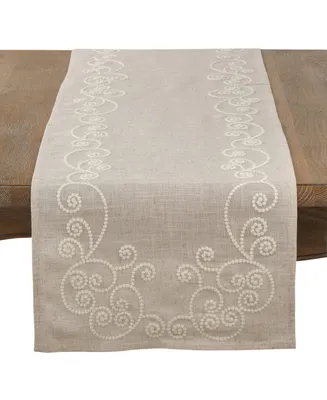 Saro Lifestyle Embroidered Swirl Design Natural Linen Blend Table Runner
