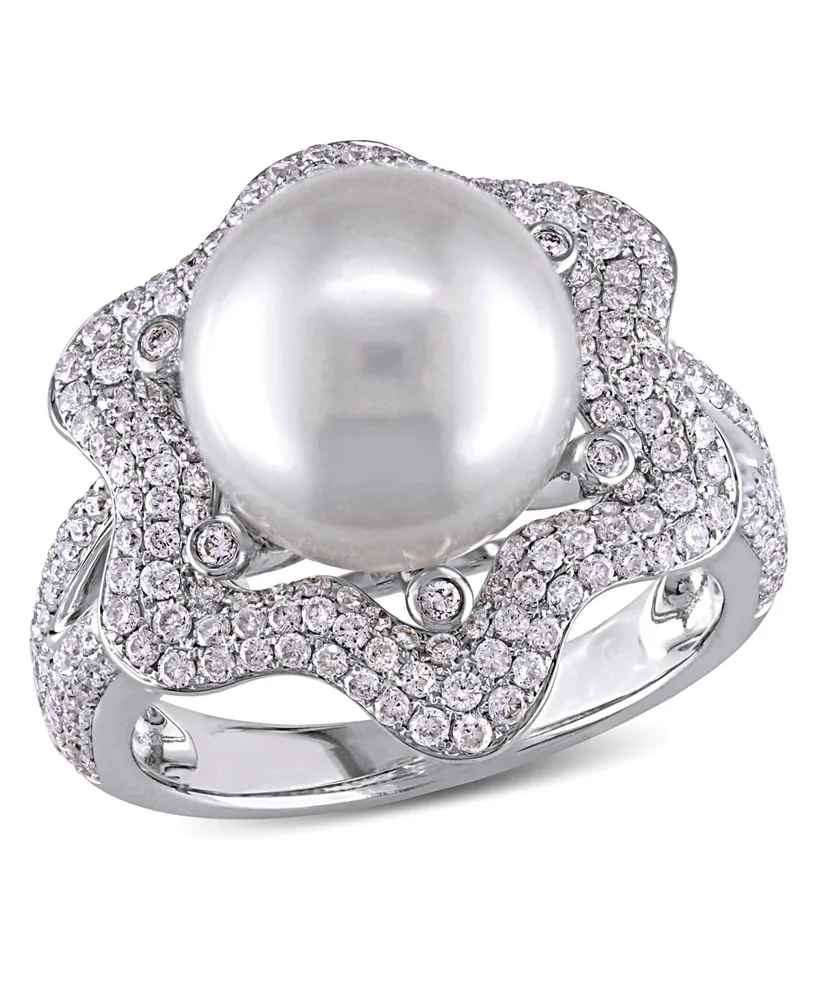 South Sea Cultured Pearl (10-10.5mm) and Diamond (1 ct. t.w.) Floral Halo Cocktail Ring 14k White Gold