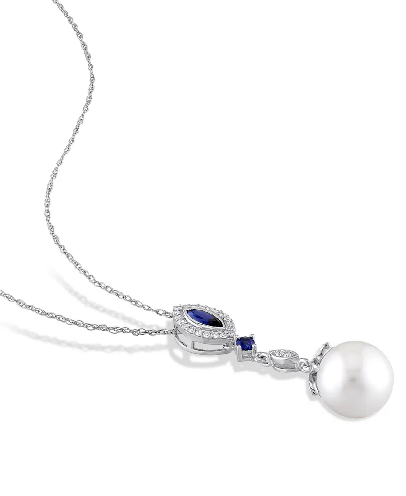 Freshwater Cultured Pearl (10-10.5mm), Created Blue Sapphire (1/2 ct. t.w) and Diamond (1/7 ct. t.w.) 17" Necklace in 10k White Gold