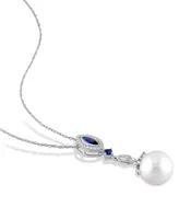 Freshwater Cultured Pearl (10-10.5mm), Created Blue Sapphire (1/2 ct. t.w) and Diamond (1/7 ct. t.w.) 17" Necklace in 10k White Gold