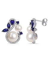 Freshwater Cultured Pearl (5.5-8.5mm), Lab Grown Sapphire (1 1/10 ct. t.w.) and Diamond (1/3 ct. t.w.) Swan Earrings in 10k White Gold