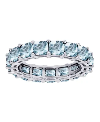 Lab Grown Light Blue Spinel Princess Cut Eternity Band Rhodium Plated Sterling Silver