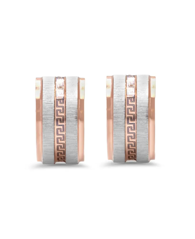 Steeltime Stainless Steel 2 Tone Greek Key Design Huggie Earrings