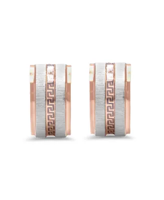 Steeltime Stainless Steel 2 Tone Greek Key Design Huggie Earrings - Rose Gold