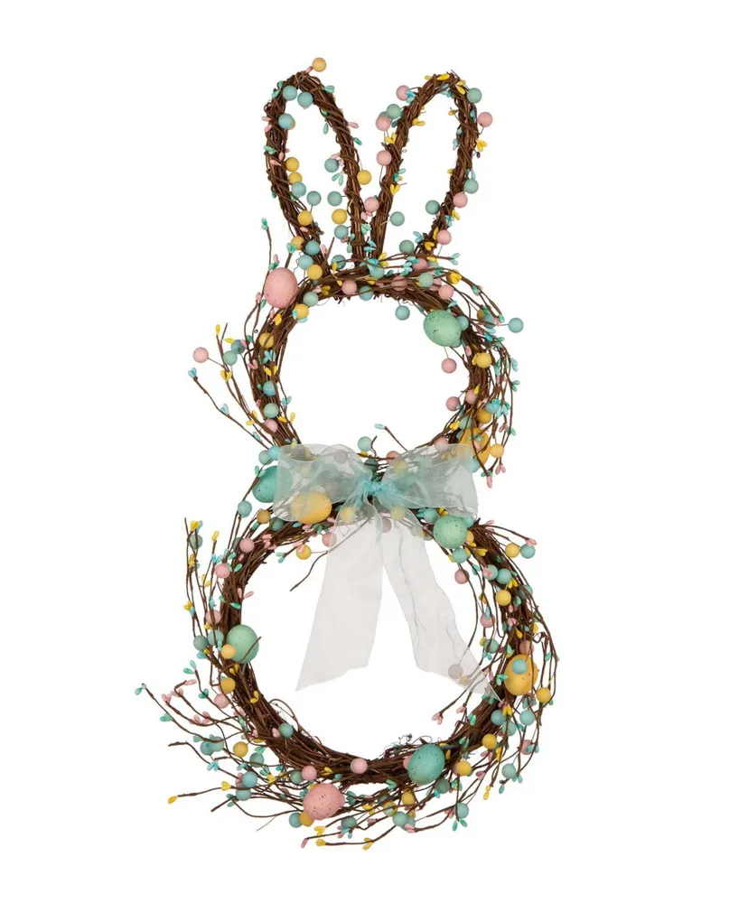 Glitzhome Easter Bunny Shaped Wreath with Eggs Satin Ribbon Bow