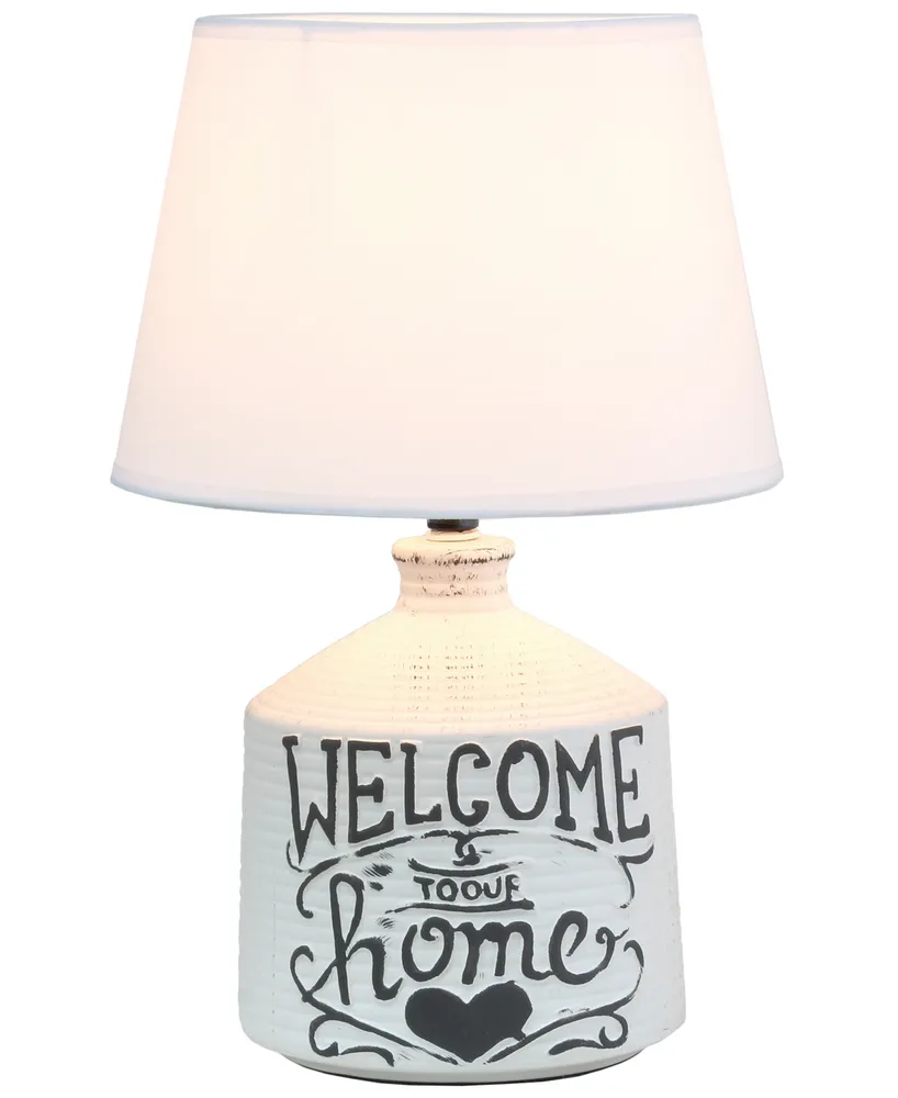 Simple Designs Welcome Home Rustic Ceramic Farmhouse Foyer Entryway Accent Table Lamp with Fabric Shade - Off