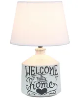 Simple Designs Welcome Home Rustic Ceramic Farmhouse Foyer Entryway Accent Table Lamp with Fabric Shade - Off