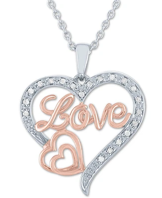 Diamond Love Heart Pendant Necklace (1/10 ct. t.w.) in Sterling Silver & 14k Rose Gold-Plate, 16" + 2" extender