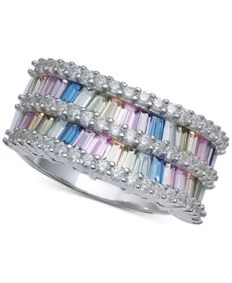 Cubic Zirconia Baguette Two Row Wavy Statement Ring Sterling Silver (Also Available Blue and Multi)