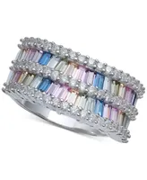 Cubic Zirconia Baguette Two Row Wavy Statement Ring Sterling Silver (Also Available Blue and Multi)