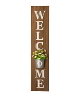 Glitzhome 42"H Wooden White Welcome Porch Sign with Metal Planter