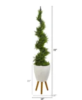 Nearly Natural 6ft. Cypress Artificial Spiral Topiary Tree in White Planter with Stand