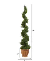 Nearly Natural 5ft. Cypress Artificial Spiral Topiary Tree in Terra-Cotta Planter