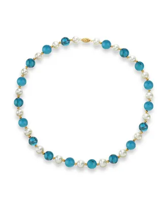 White Freshwater Cultured Pearl (9-9.5mm) with Turquoise Howlite (10mm), and Gold Beads (3mm) 18" Necklace in 14k Yellow Gold