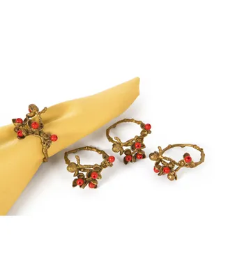 Manor Luxe Holly Berry Holiday Painted Brass Metal with Resin Berry Napkin Rings, Set of 4