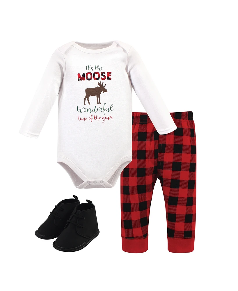 Hudson Baby Girls and Boys Moose Wonderful Time Bodysuit, Pant Shoe Set, Pack of 3