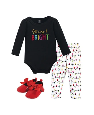 Hudson Baby Girls Cotton Bodysuit, Pant and Shoe 3pc Set, Merry & Bright