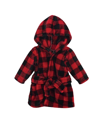 Hudson Baby Infant Plush Animal Face Bathrobe, Red Black Plaid, 0-9 Months