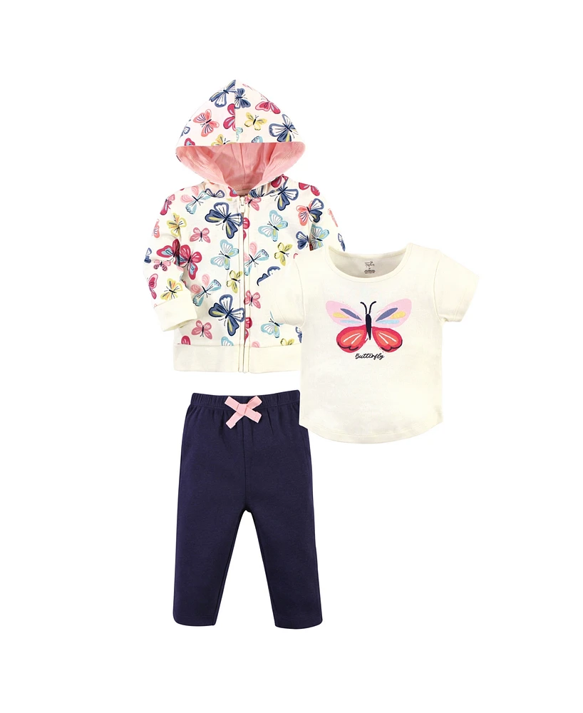 Touched by Nature Toddler Girls Cotton Hoodie, Bodysuit or Tee Top, and Pant, Bright Butterflies Toddler, 5