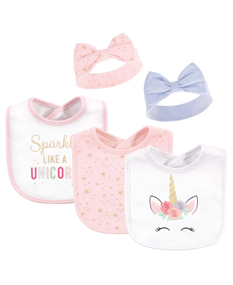 Little Treasure Baby Girls Unicorn Bib and Headband Set, Pack of 5