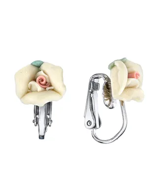 2028 Silver Tone Porcelain Rose Clip-on Earrings